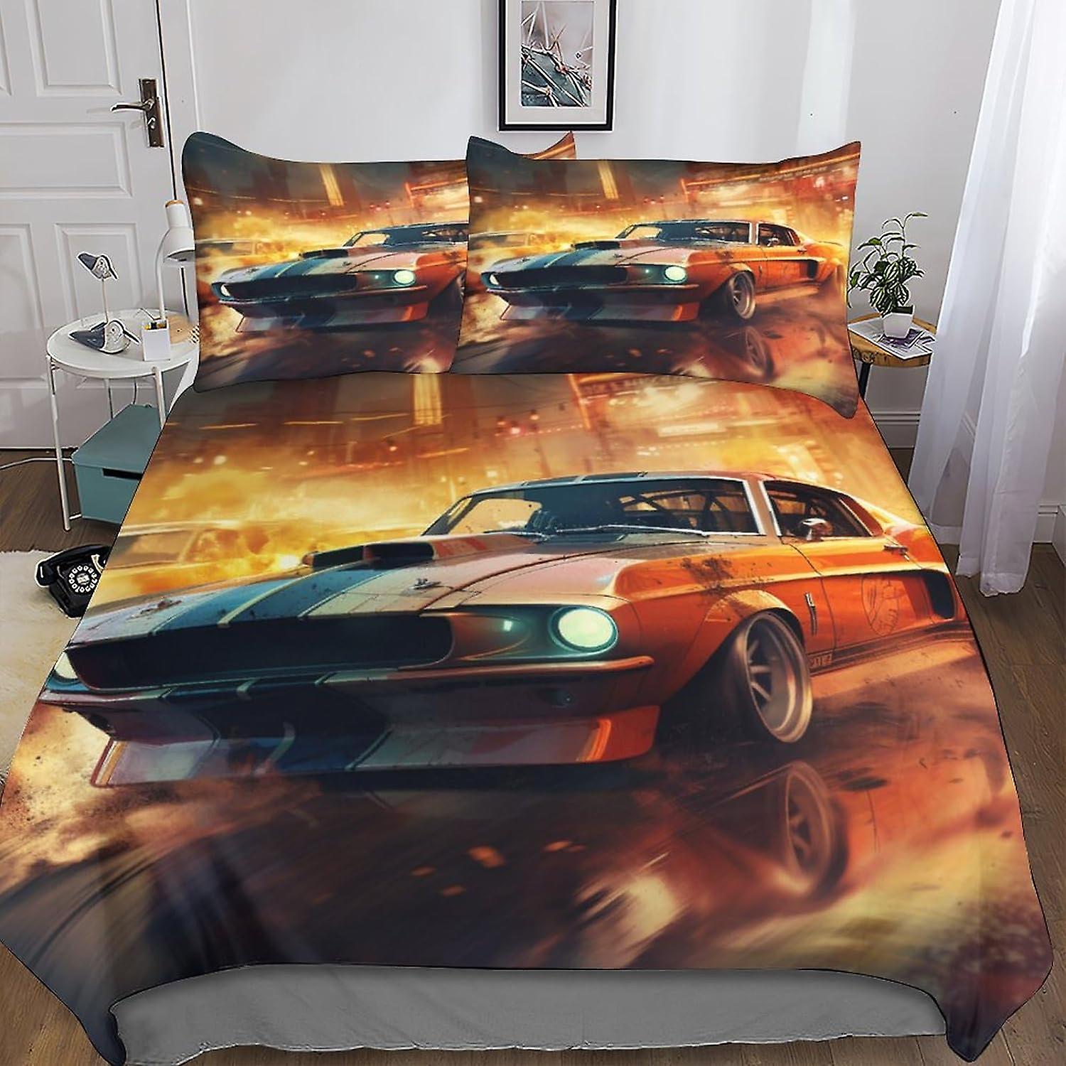 Fast And Furious Trendy Quilt Cover Set with Hidden Zipper Closure - Stylish Microfiber Movie Bedding with 3D Print, 3-Piece Set with Pillowcases, Per