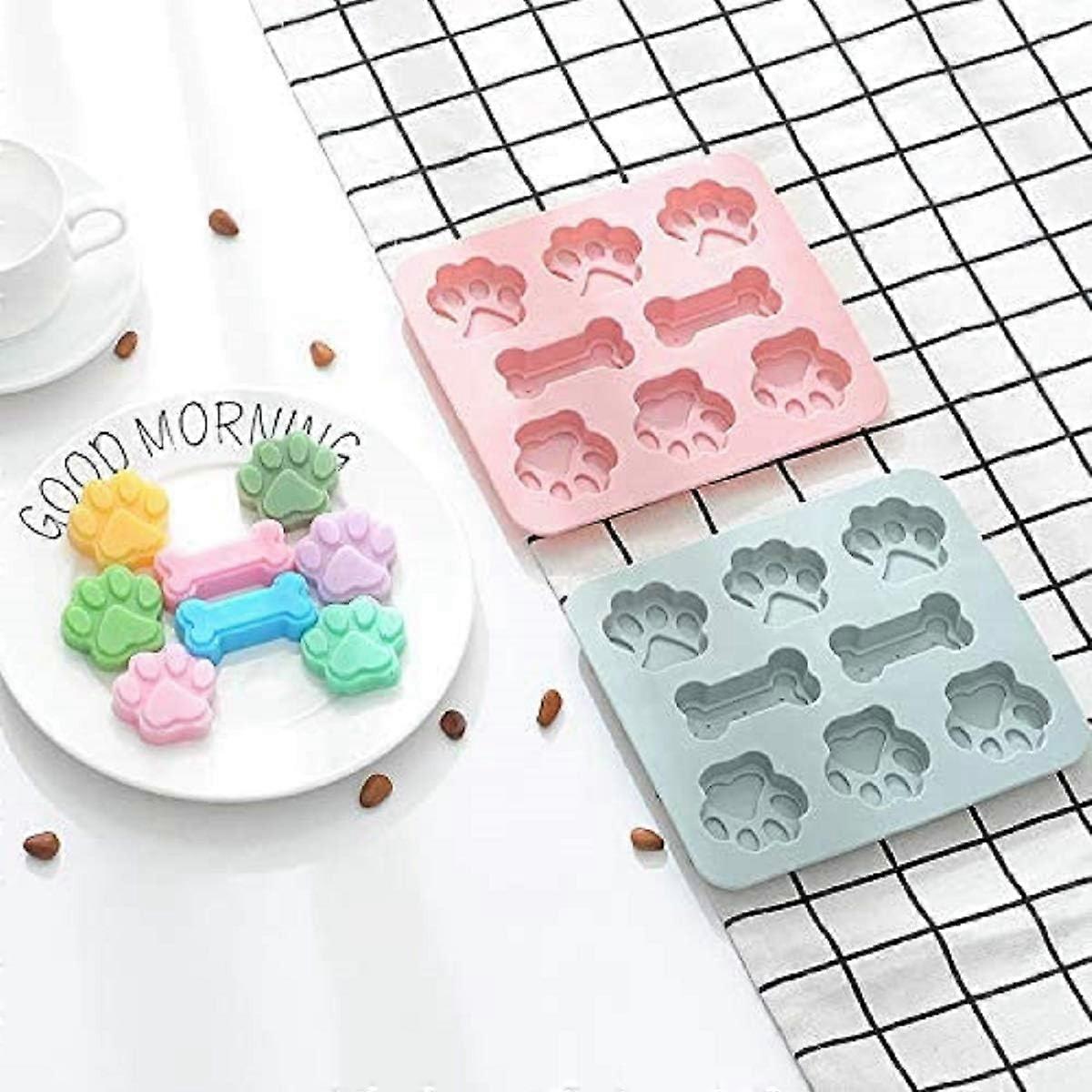 Set of 2 silicone baking moulds - 8 cavities in the shape of a dog's paw and bone 2 in 1 - Reusable - For ice cubes, sweets, chocolate, cookies - Pink