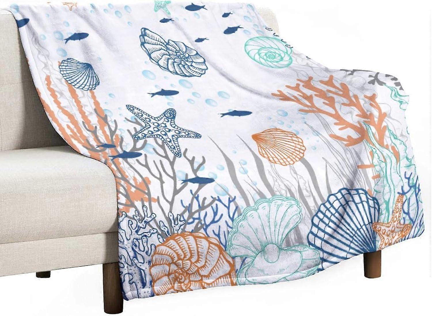 Nautical Coastal Blanket, Starfish Seashell Coral Beach Themed Drapes Ocean Orange Blue Teal Conch Print Throw Blankets for Sofa Couch Bed Room Birthd