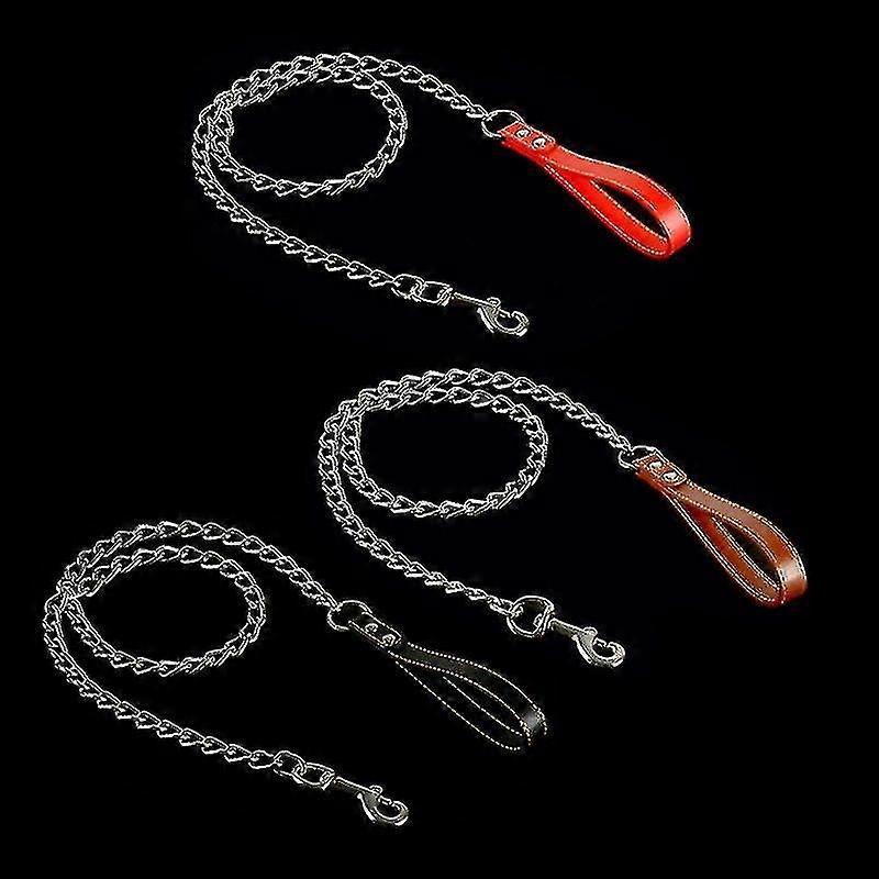 Pet Dog Leash Lead Heavy Duty Bite Proof Chain Training Leash Leather Handle