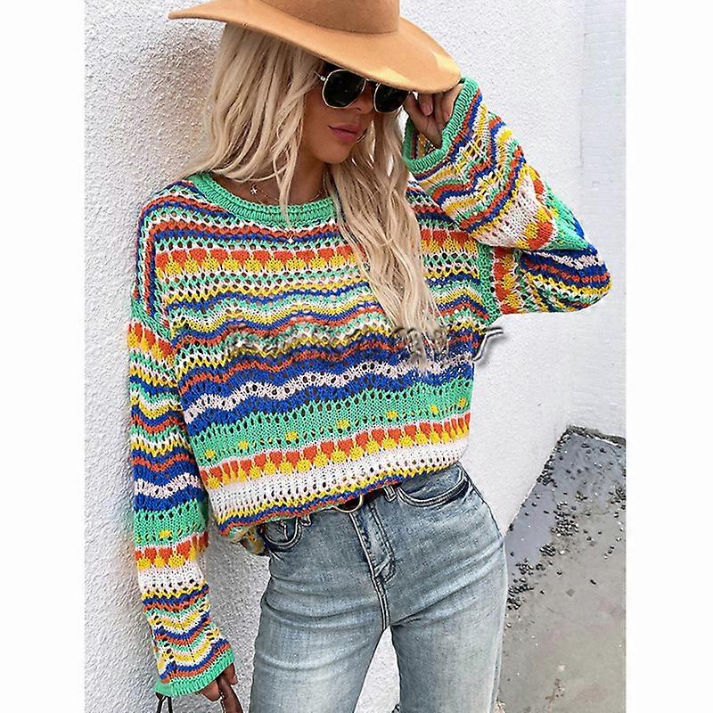 Damen Casual Langarm Rundhalsausschnitt Häkelpullover Leichter Strickpullover Top