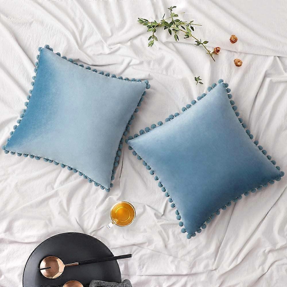Pacote com 2 capas de almofada de veludo Capas de almofada decorativas Pompon Capas de almofada macias sólidas com pompons quadrado para sofá sofá quarto carro 45X45Cm