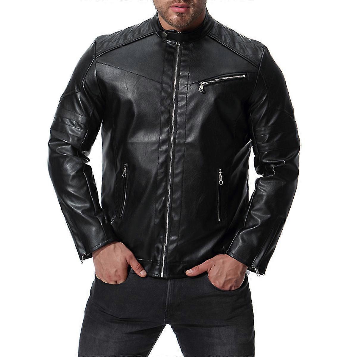 VAWAN Mens Classic PU Stand Collar Spring&Autumn Leather Jacket