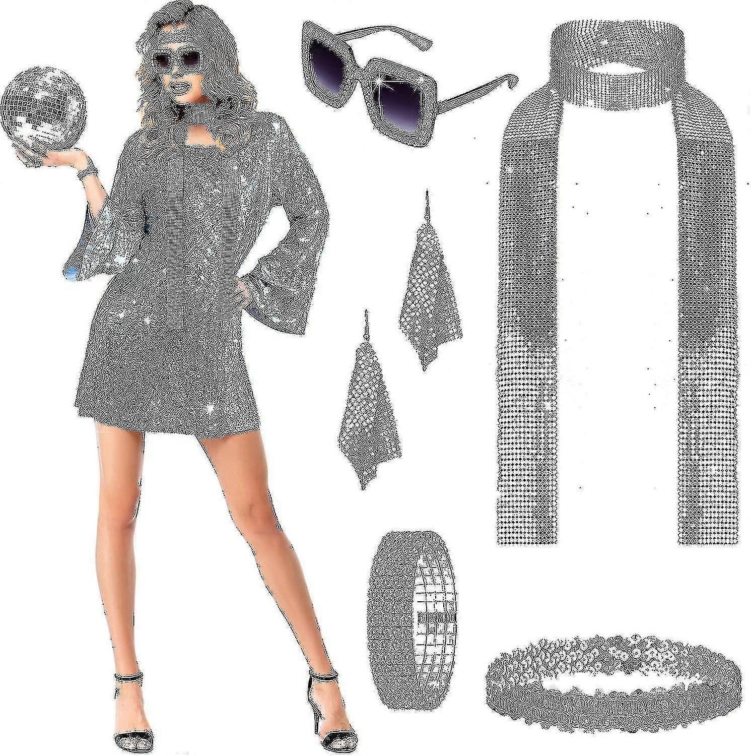 6 Adet Disko Kadın Kostüm Kıyafet Ve Aksesuar Seti 70'ler Elbise Pullu Eşarp Bilezik Küpe Kafa Bandı Sunglasses_fs