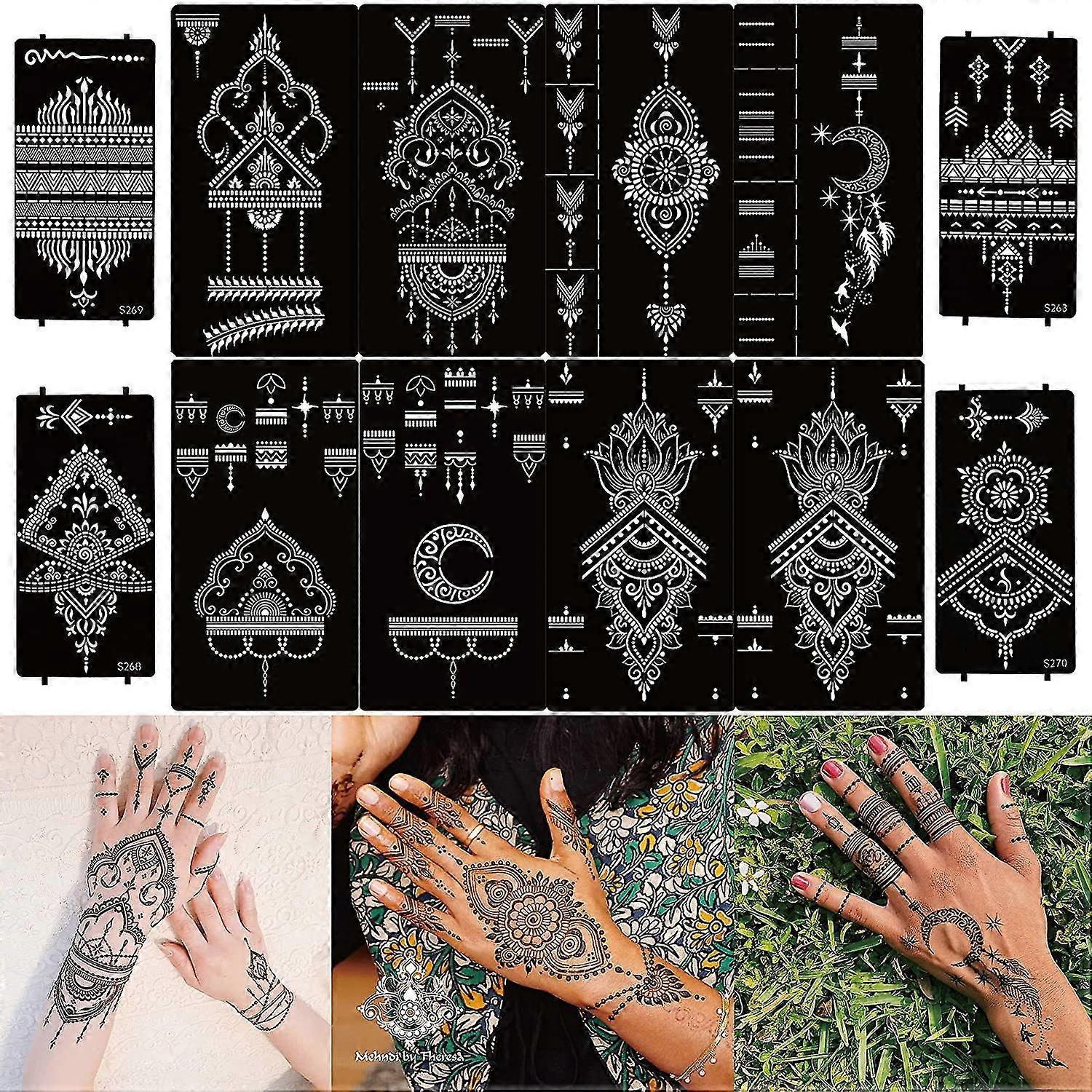 12 张指甲花纹身模板、手临时纹身贴纸、印度阿拉伯自粘纹身模板