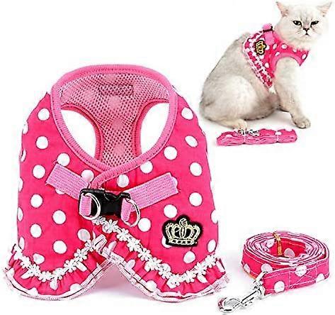 YOITEA Polka Dots Cat Harness and Leash Set Girl Kitten Crown Escape Proof No Pull Choke Vest Clothes for Walking, Step in Soft Mesh Padded Puppy Harn