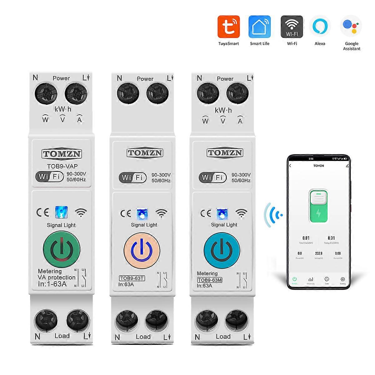 TOMZN 63A 1P+N WIFI Smart Switch Energy Meter Kwh Metering Monitoring Timer Relay MCB TUYA smartlife voltage current protection