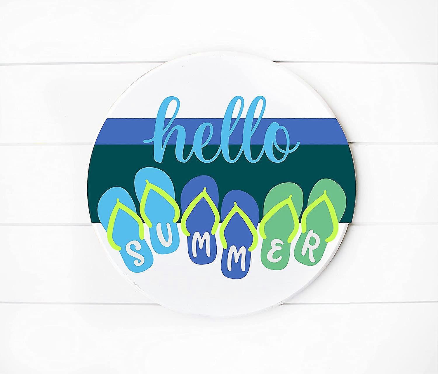Hello Summer Flip Flops Printed Handmade Round Wood Sign (8 inch with sawtooth hanger)