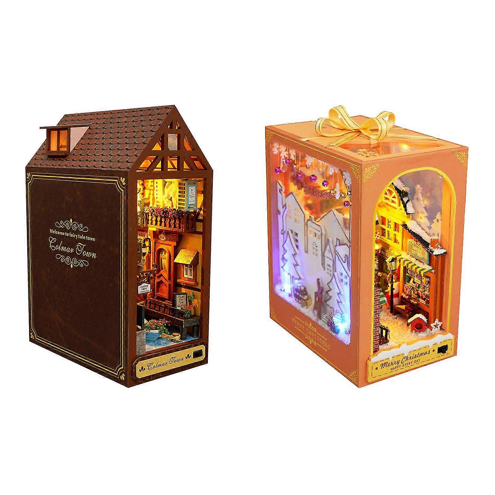 DIY Book Nook Kit, 3D Wooden Puzzle Bookshelf Insert Decor with LED Light Brand New XH