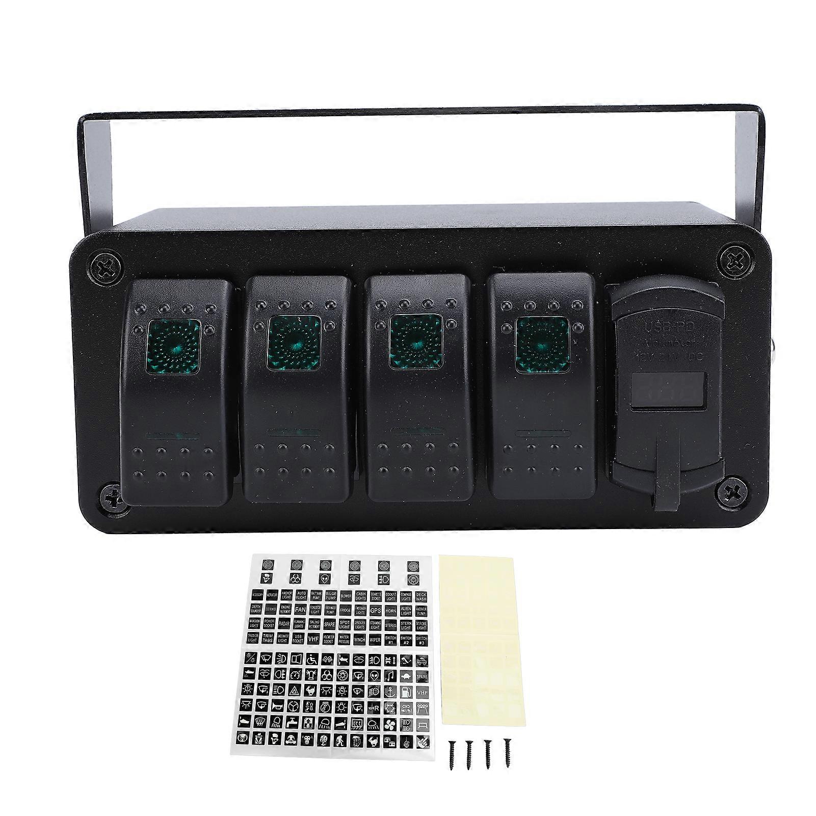4 Gang Rocker Switch Panel with PD Type C and QC3.0 USB Charger Waterproof Universal Fit for Car Truck Boat RV UTV ATV with Green Light