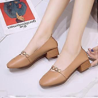 Fashion Retro Women Square Head PU Leather Shallow Mouth Anti-slip Low Heel Shoes(Camel,39)