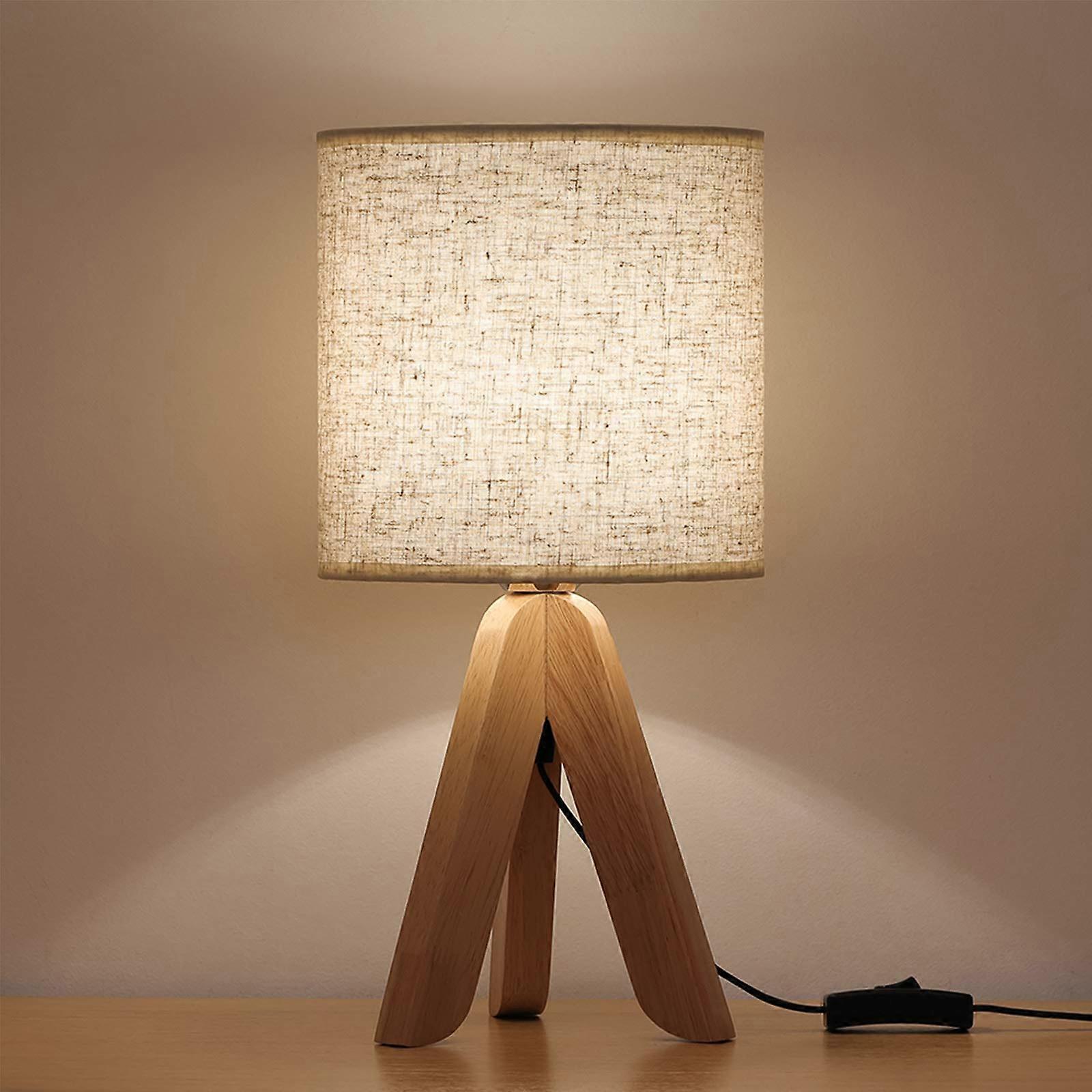 Wooden Tripod Fabric Linen Shade Table Lamp for Bedroom 13.4 Inches