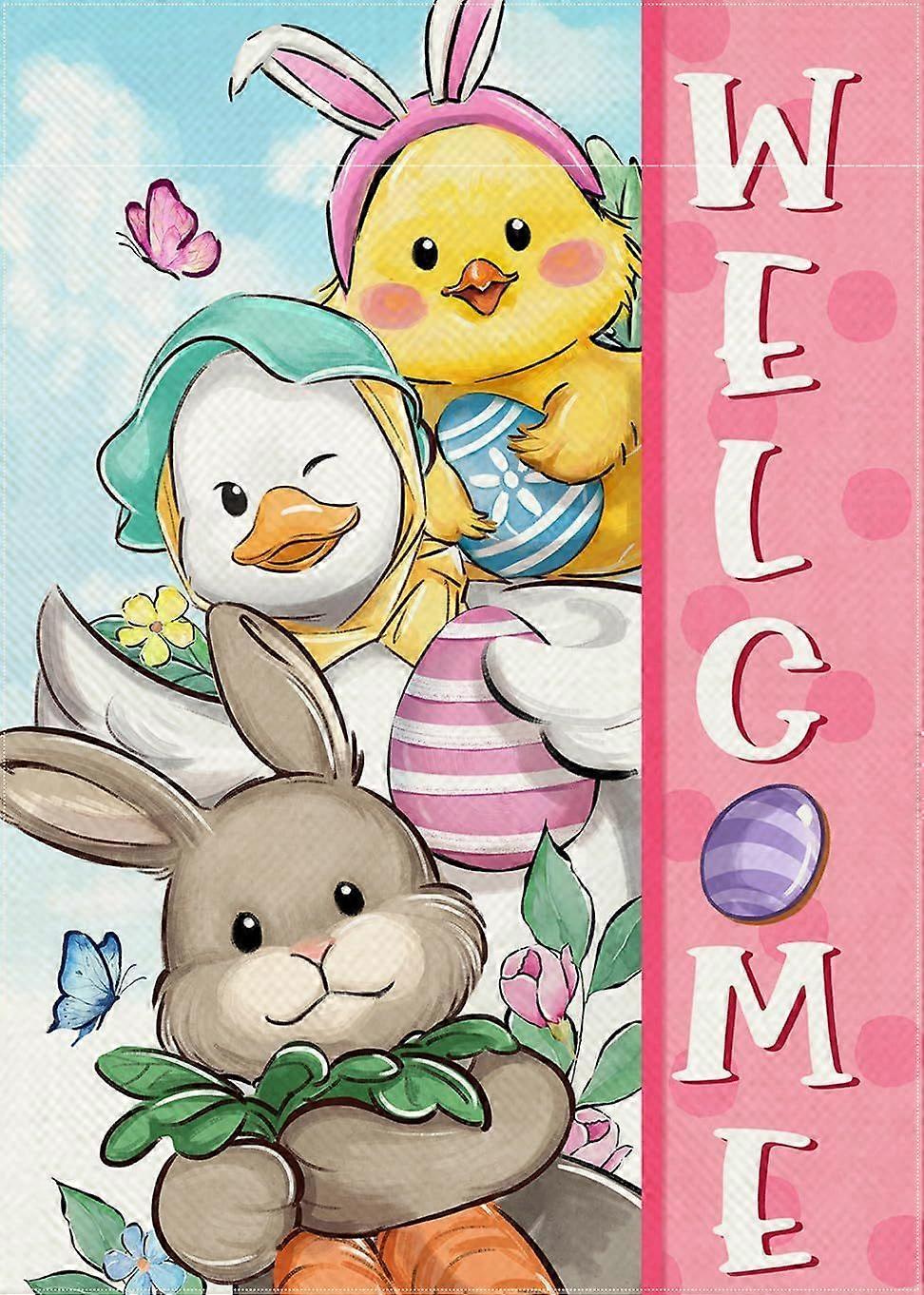 1 pcs Welcome Easter Bunny Duck Chick Decorative Garden Flag, Cute Animals Rabbit Chicken Pink Yard Outside Decorations, Spring Easter Egg Carrot Burl
