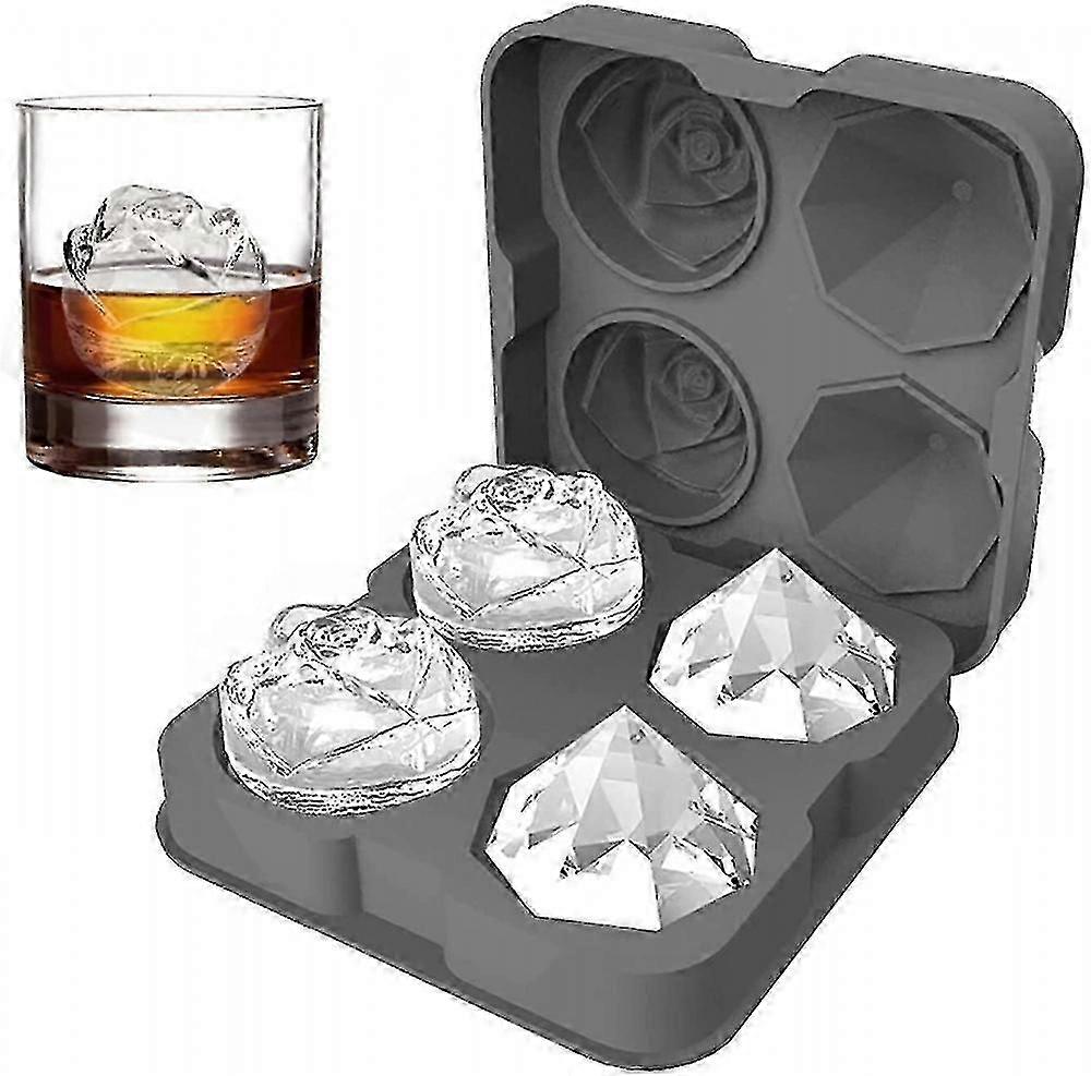 Ice Cube Tray, 2.5 Inch Ice Cube Silicone Molds, 2 Cavity Rose & 2 Diamond Ice Ball Maker