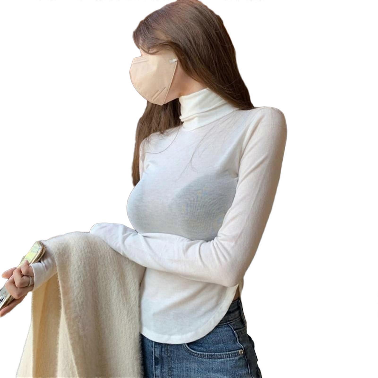 Turtleneck Solid Color T-Shirt for Women Long Sleeve Side Split Irregular Hem Slim Pullover Top Basic Base Layer Shirts  White XL