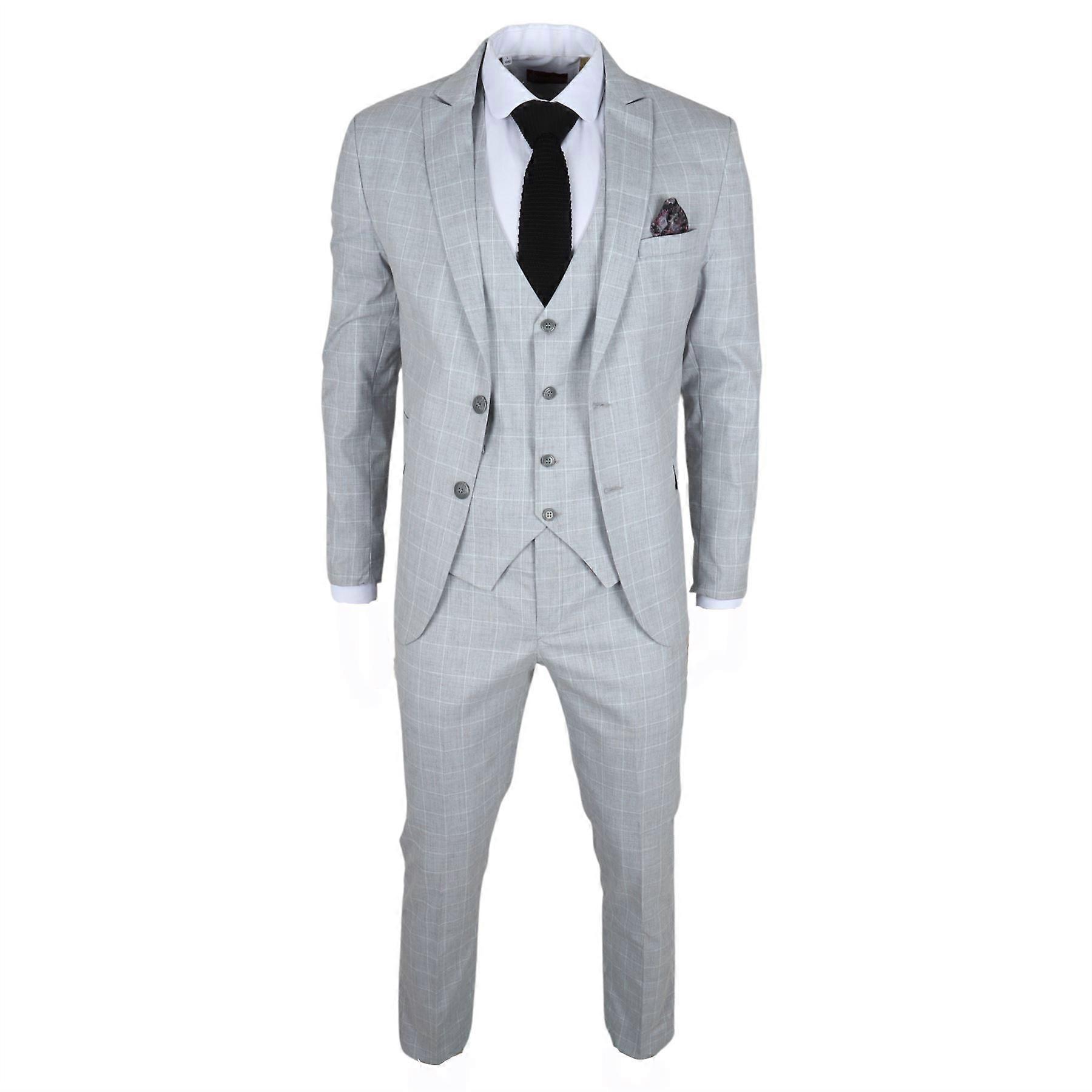 Men's Grey Checked 3 Piece Suit Tailored Fit