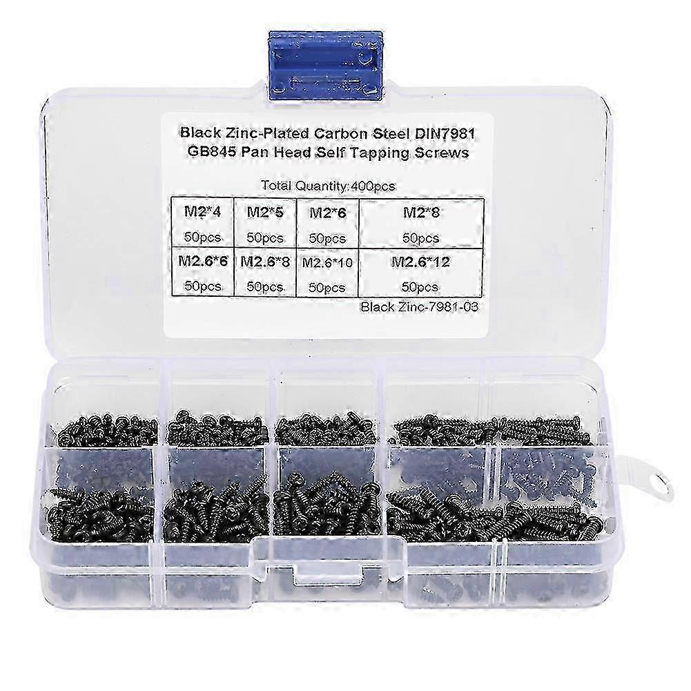 400Pcs Black M2 / M2.6 Cross Pan Head Self Tapping Skruer Sett sortiment Kit