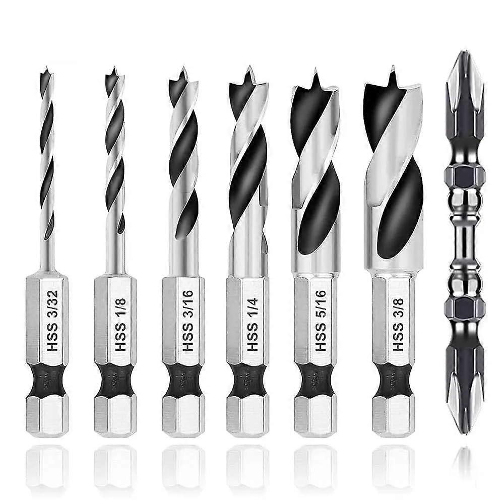 6pcs ThreePoint Drill Bits with Screwdriver Bit Set 1/4Inch Hex Woodworking Shank Drill Bit 3/32' 1/8' 3/16' 1/4' 5/16' 3/8'