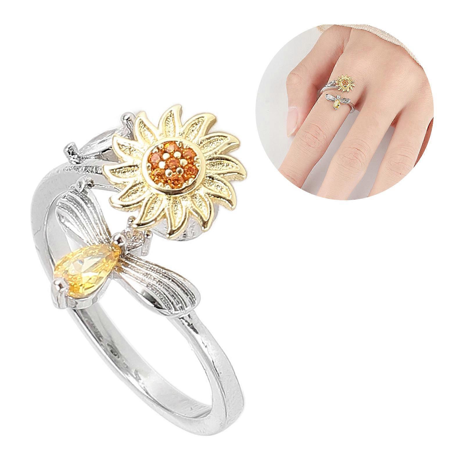 Sunflower Ring 360 Degree Quiet Rotating Stylish Open Adjustable Flower Ring for Women 