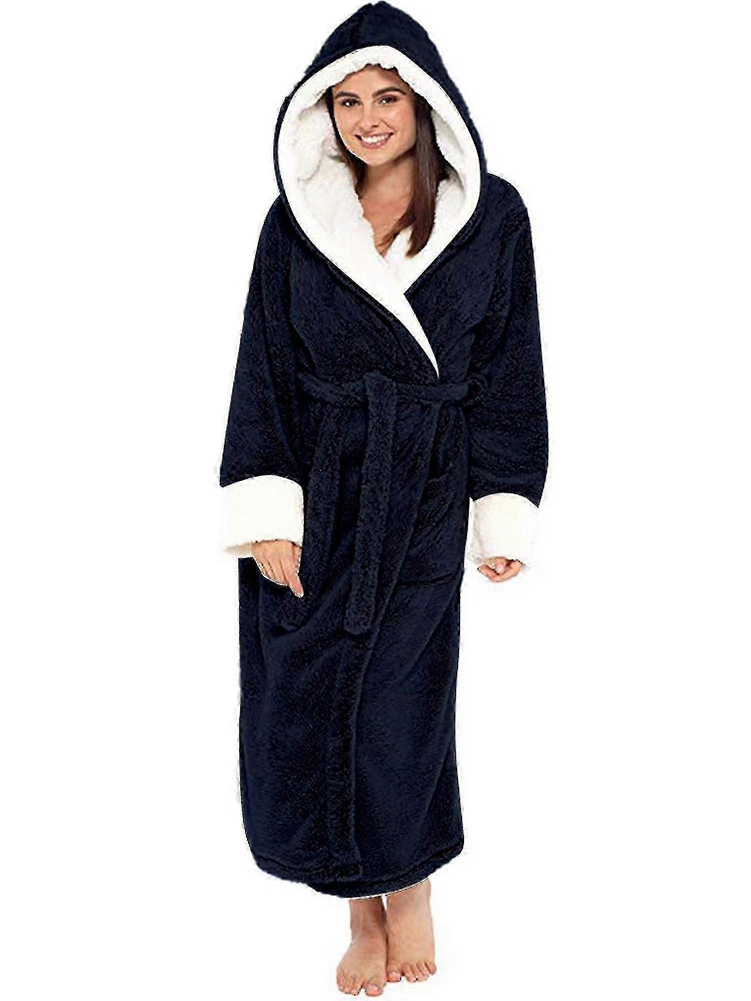 Women Sherpa Fleece Bathrobe Soft Dressing Gown Hooded Fluffy Towling Bath Robe H