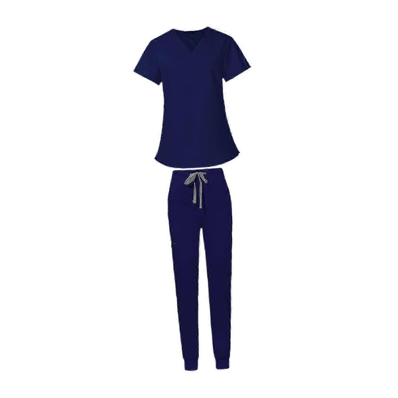 V Neck Scrub Uniform Set with Jogger Pants for Beauty Center, Cosmetology, and Yoga in Size Blue