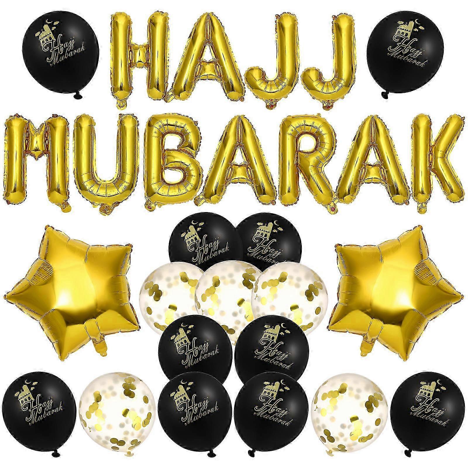 HAJJ MUBARAK Letter Latex Balloons Decorative Celebrative Background Layout Balloons Set for Eid Al-Fitr (Black and Glod)