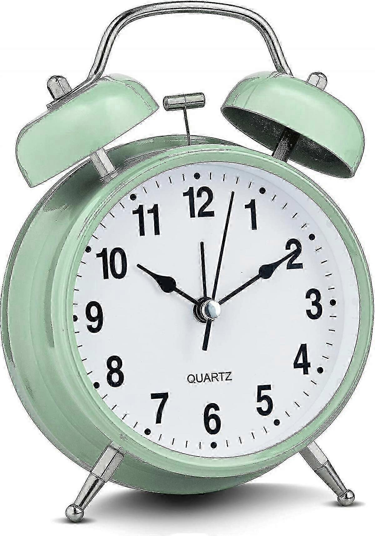 4-Inch Twin Bell Analog Alarm Clock in Green Color, Silent Non-Ticking Quartz Battery Operated with Extra Loud Alarm and Backlight, Vintage