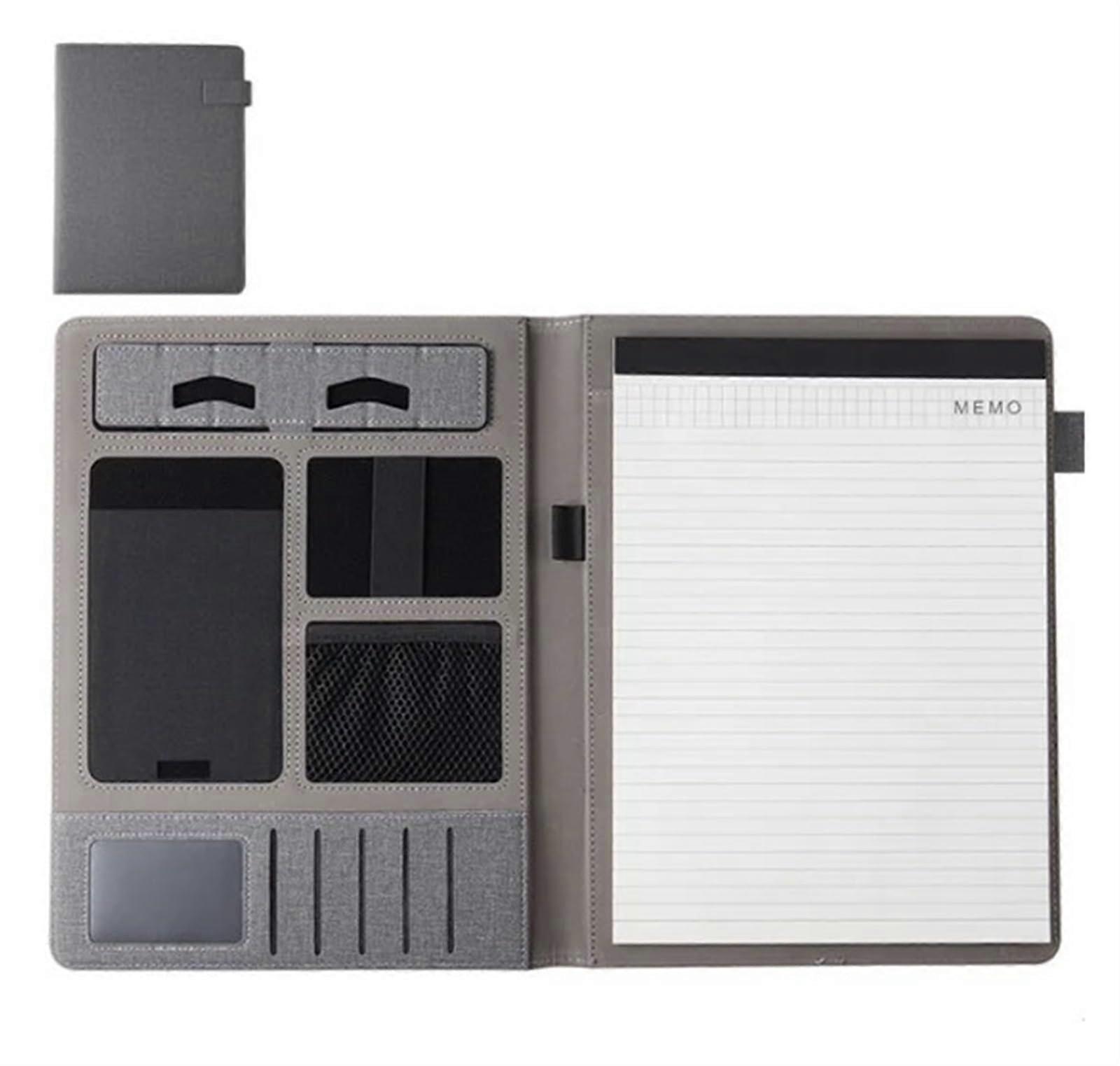 Leather A4 Conference Folder with Zipper Organizer Card Holder (Grey)