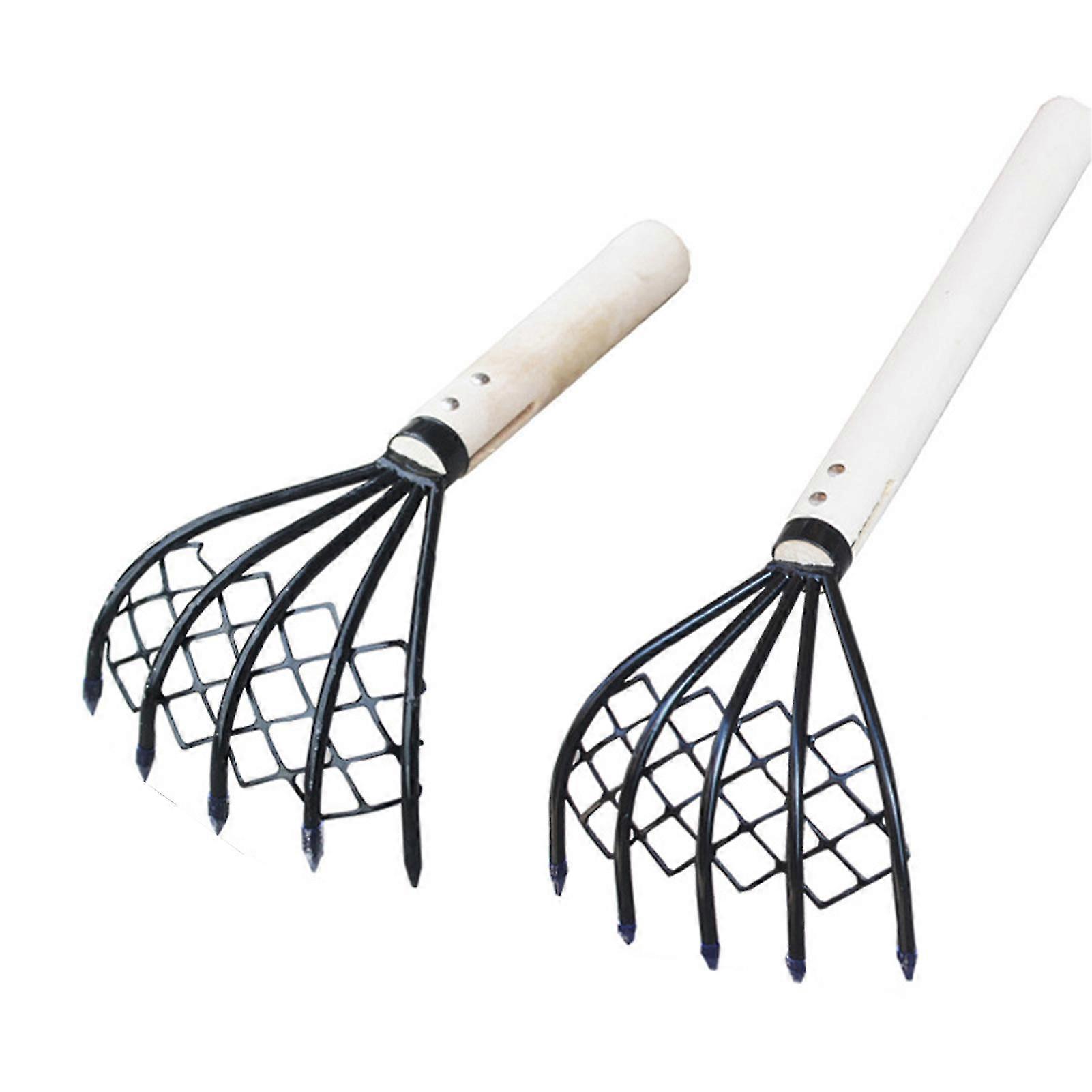 2Pcs/Set Steel Clam Rakes with Wooden Handle Mesh Pocket Seafood Shell Digger Tool Clam Rakes Beach Clamming Accessories--Black