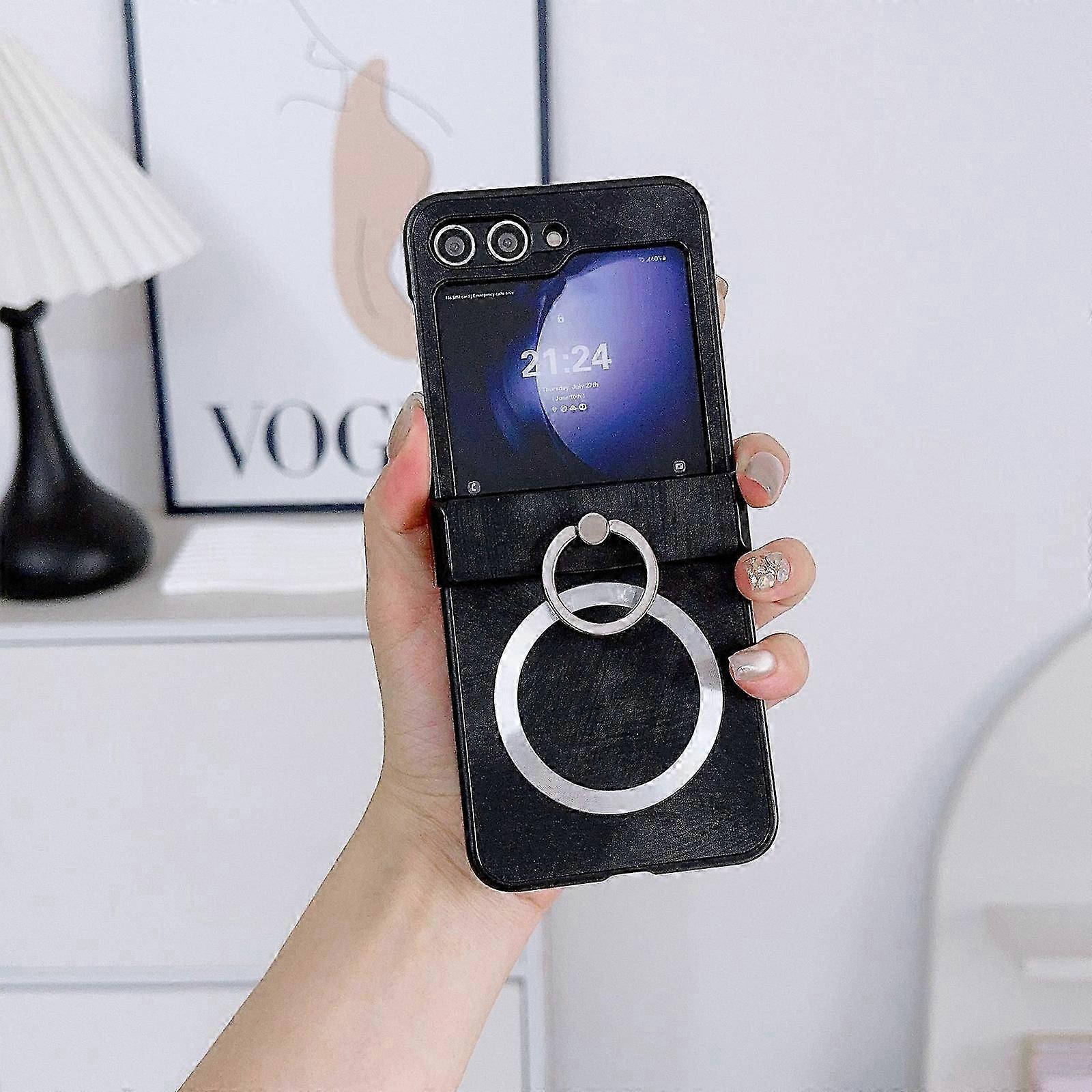 Magnetic Case for Samsung Galaxy Z Flip 6 Case with 360 Rotate Ring Stand & Hinge Protection ,[Compatible with MagSafe], Leather Slim Shockproof Cover