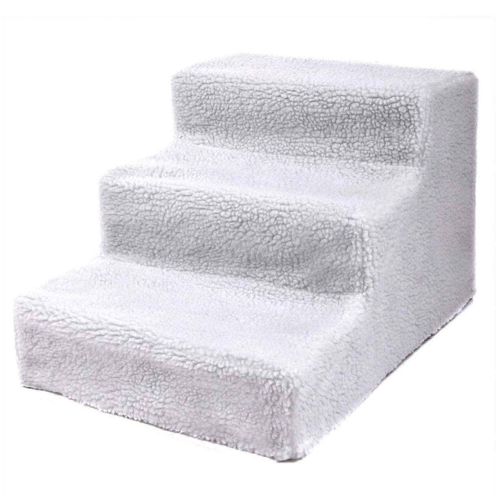 Pet Stairs with 3 Steps, 45 x 35 x 30 cm, NonSlip Plush Cover for Dogs and Cats (White)