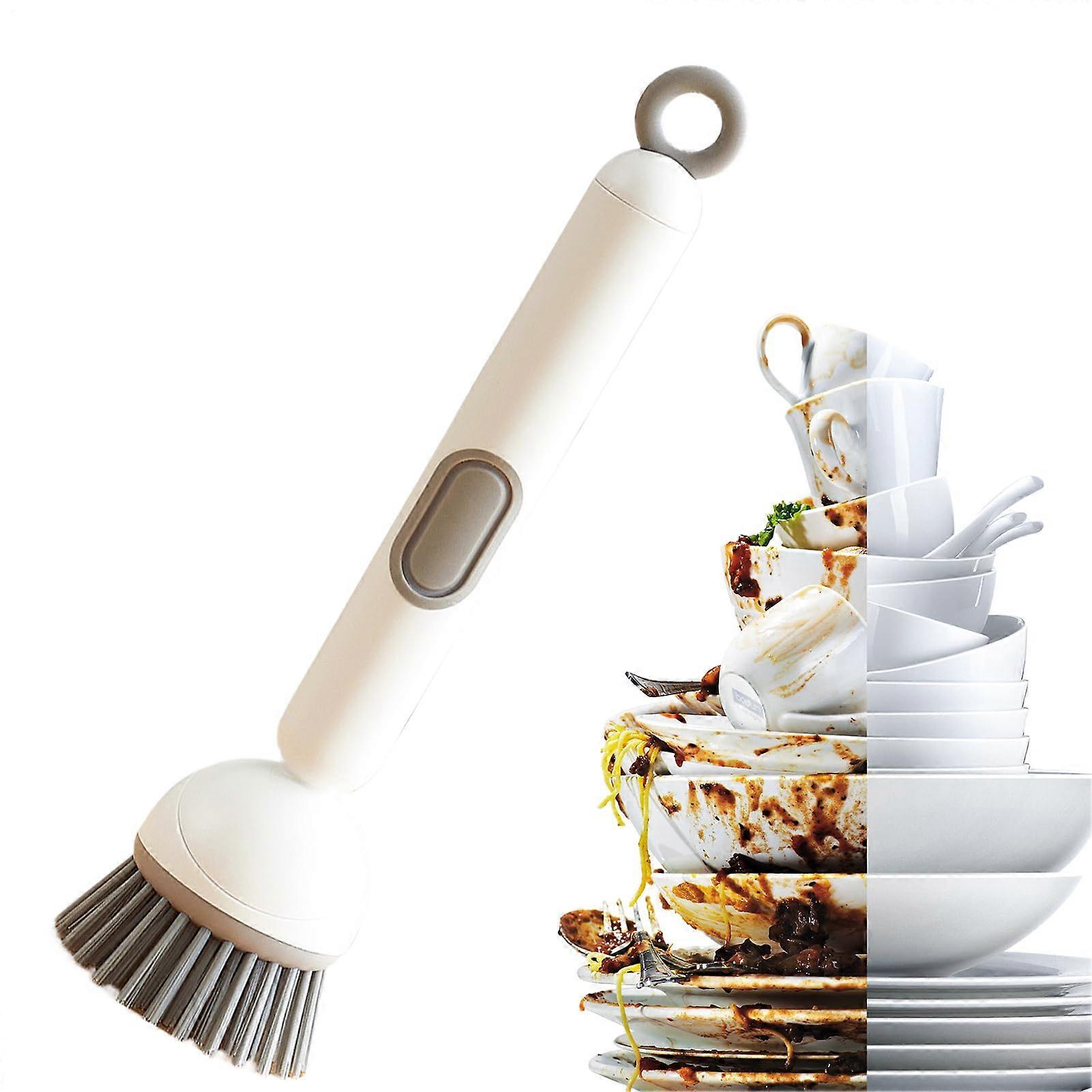 Rotating scrub brushes for cleaning dishes Long handle design for pots, pans, bottles, White