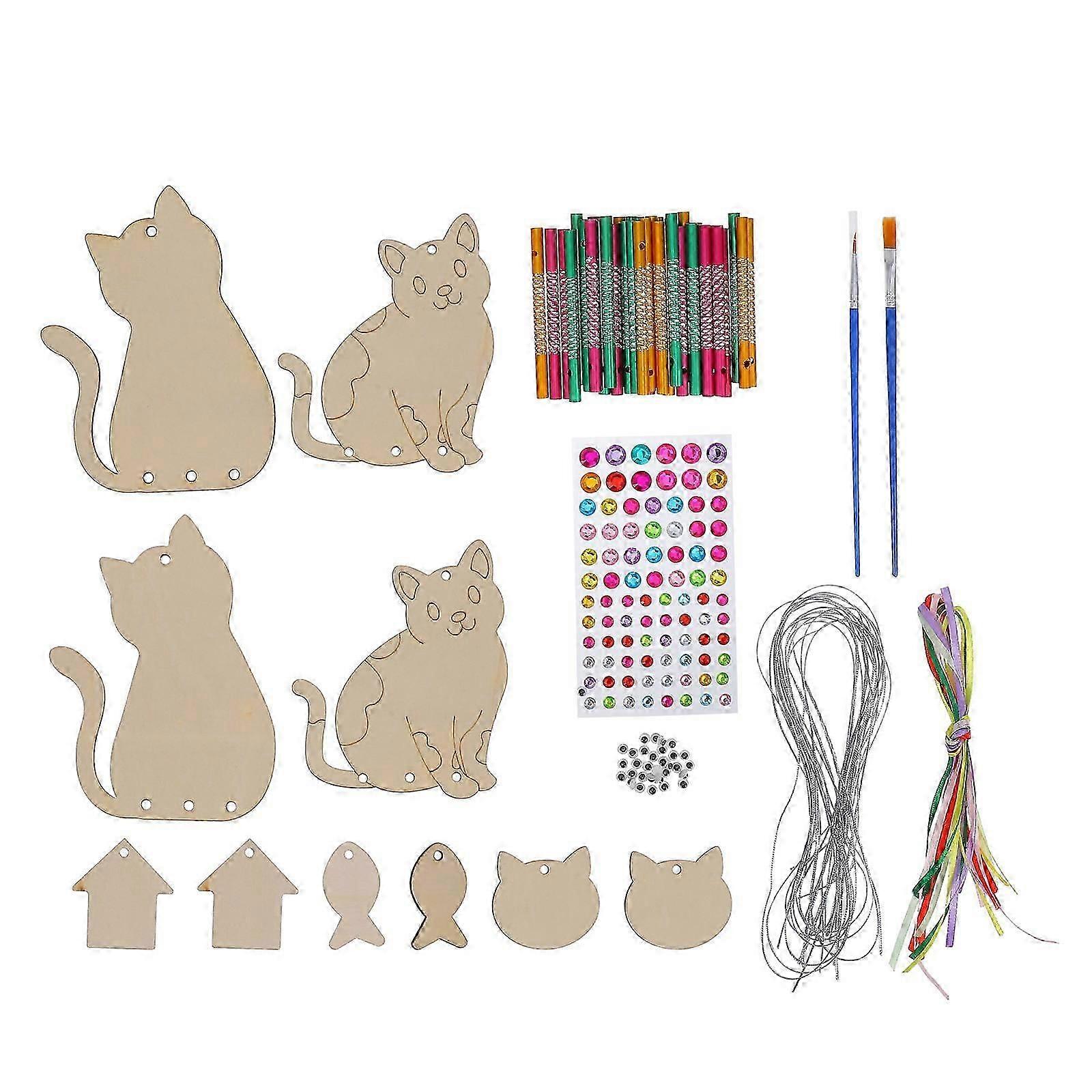 Wooden Wind Chime Diy Adorable Cat Design Versatile Decoration Skill Development 1Set