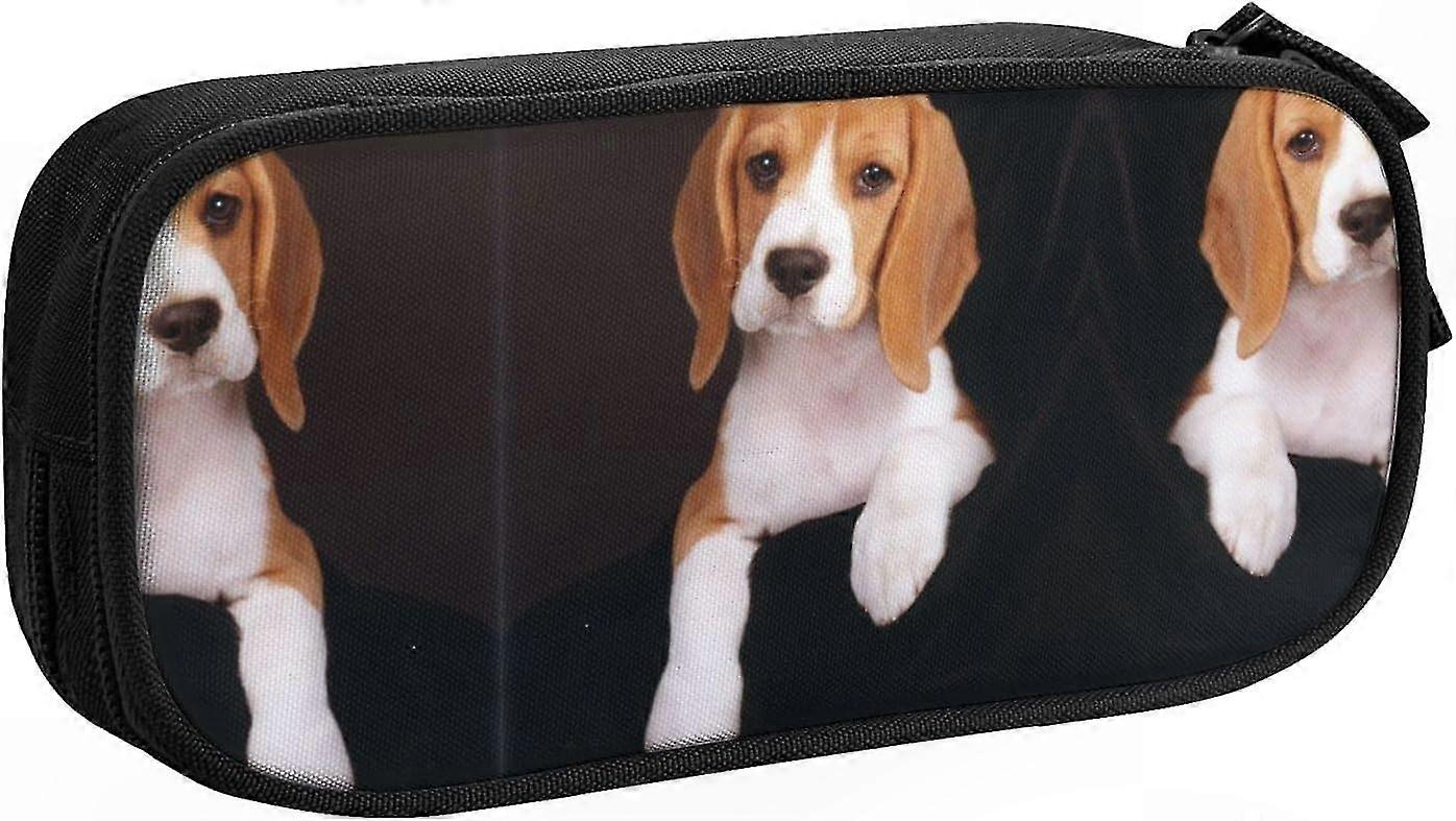 Large Capacity Canvas Pencil Case with 3 Compartments, Dog Print Design for Pet Lovers