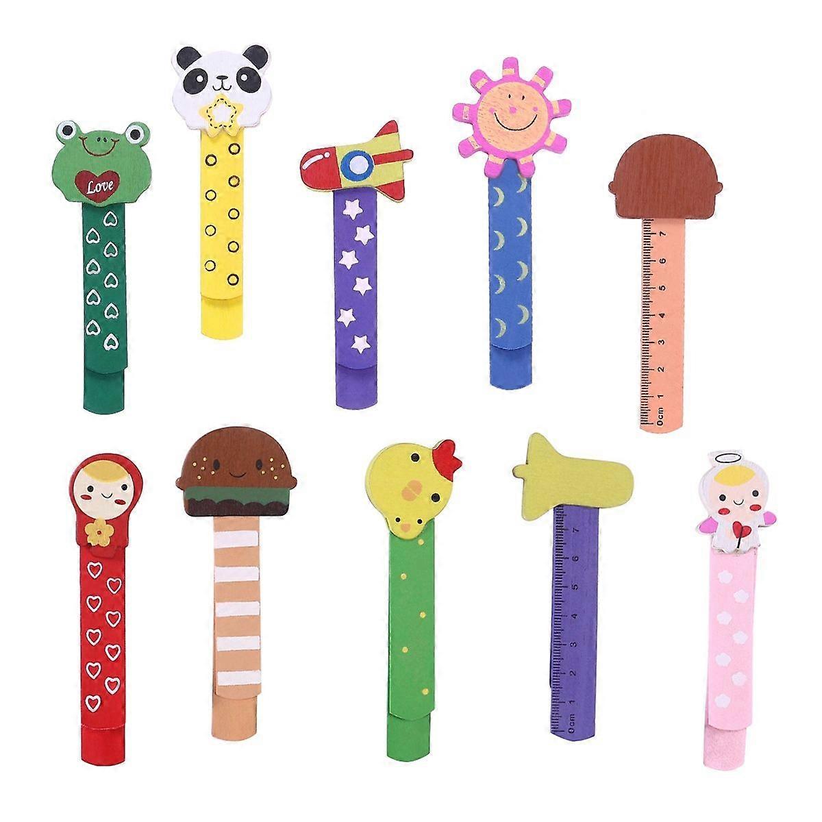 10pcs Wood Book Marker with Ruler Scale Wooden Bookmarks with Cartoon Patterns (Mixed Styles Deliveried in Random)