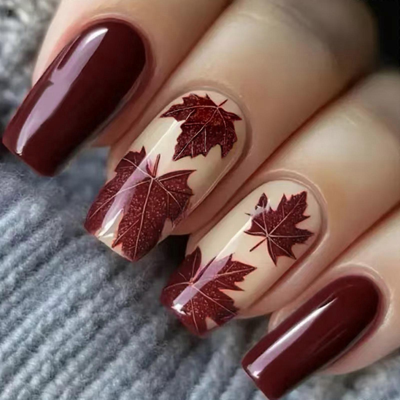 Glossy Press On Nail 24Pieces Wine Red Maple Pattern No Required Tools for Daily Wear Multicolor
