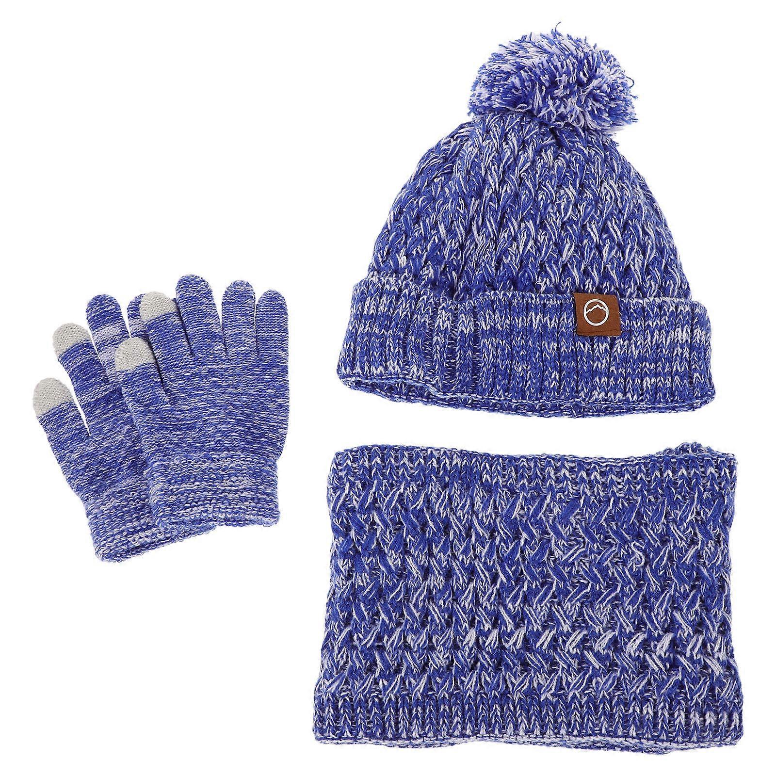 Warm Knitted Neck Warmer Set with Fleece Lined Beanie Pom Pom and Gloves for Kids Skyblue
