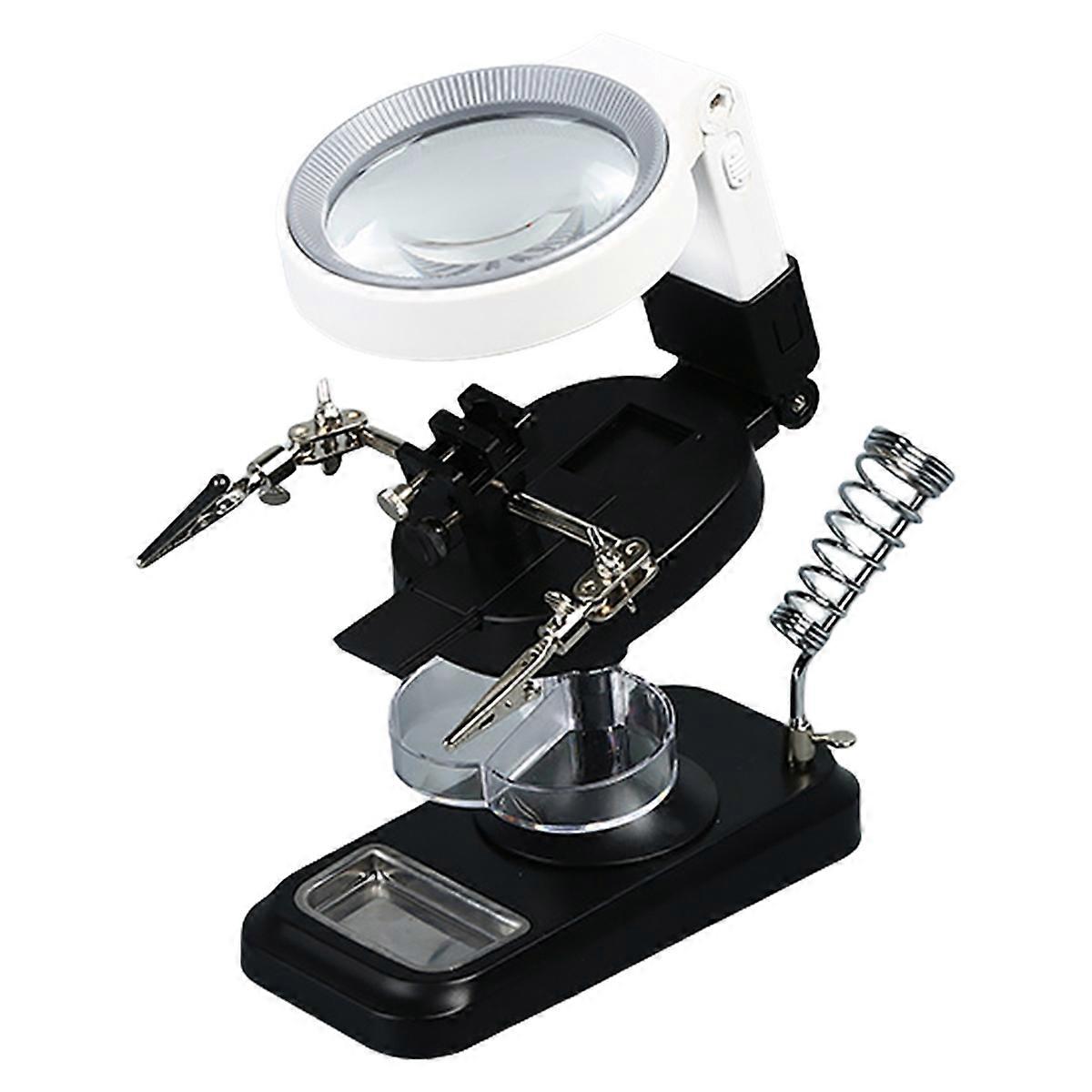 LED Lighted Magnifier with Iron Bracket & Auxiliary Clip Maintenance Magnifying Glass Battery Powered Adjustable Loupe A