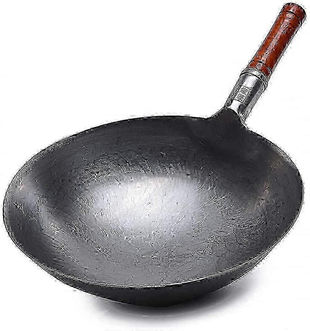 Hand Hammered Iron Wok, Traditional Nonstick Uncoated Wok with Wood Helper Handle, Round Bottom Wok Suitable for Kitchen and Restaurant Use