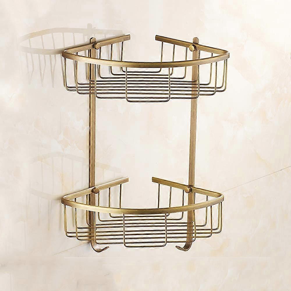Solid Brass 2 Tier Antique Double Bathroom Corner Shelf Wall Mounted Shower Caddy Gold Triangle Bath Rack With Hooks