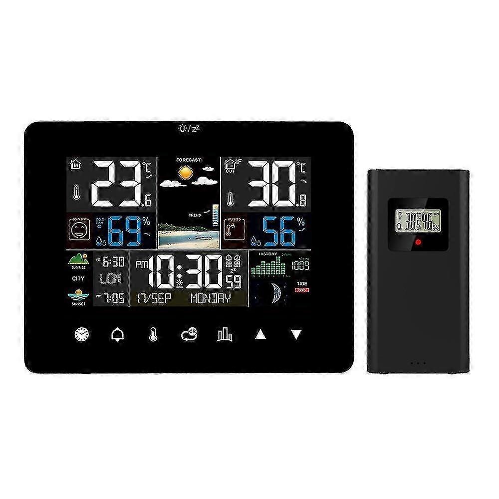 Weather Station with Outdoor Sensor, Wireless Colorful LCD Screen Digital Weather Barometer Moon Phase Alarm Clock Weather Forecast17.8*7.3*14cm