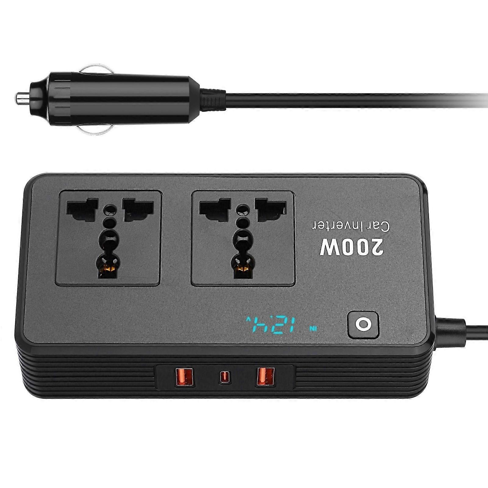 Digital Display Car Power Inverter 200W With USB C Port For Device Charging Car Plug Adapter Outlet Converter Multicolor