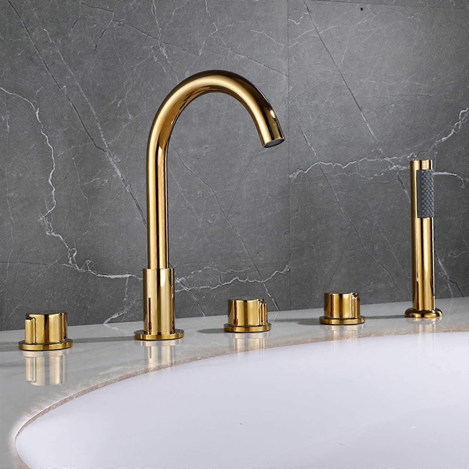 Gold 5 Hole Freestanding Bath Shower Mixer Tap Set with Brass Double Handles and 360° Swivel Spout