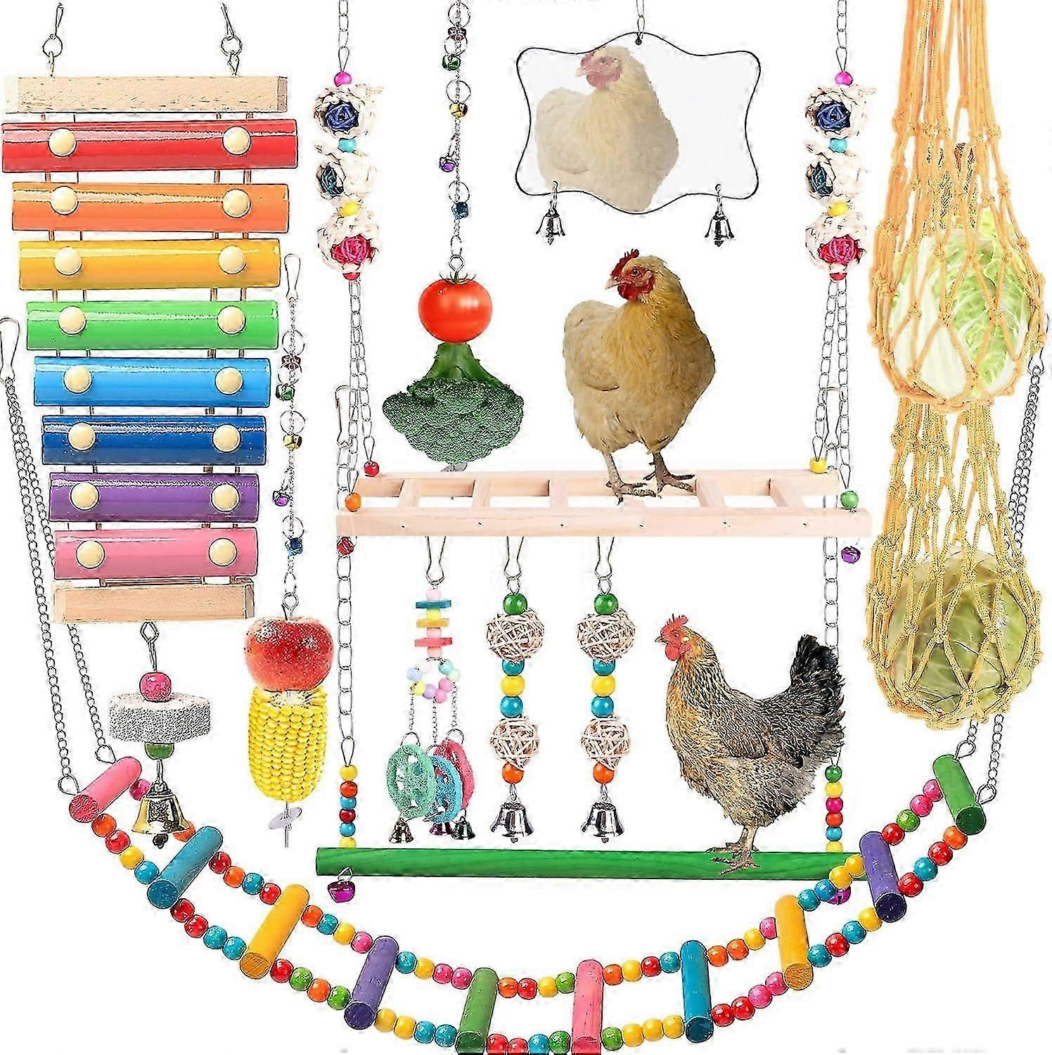 Giocattoli per polli per pollaio 7PCS | Xilofono di pollo | Set altalena per polli | Giocattolo a specchio per polli | Scala flessibile per polli | Sacchetto di corda di verdure di pollo e H