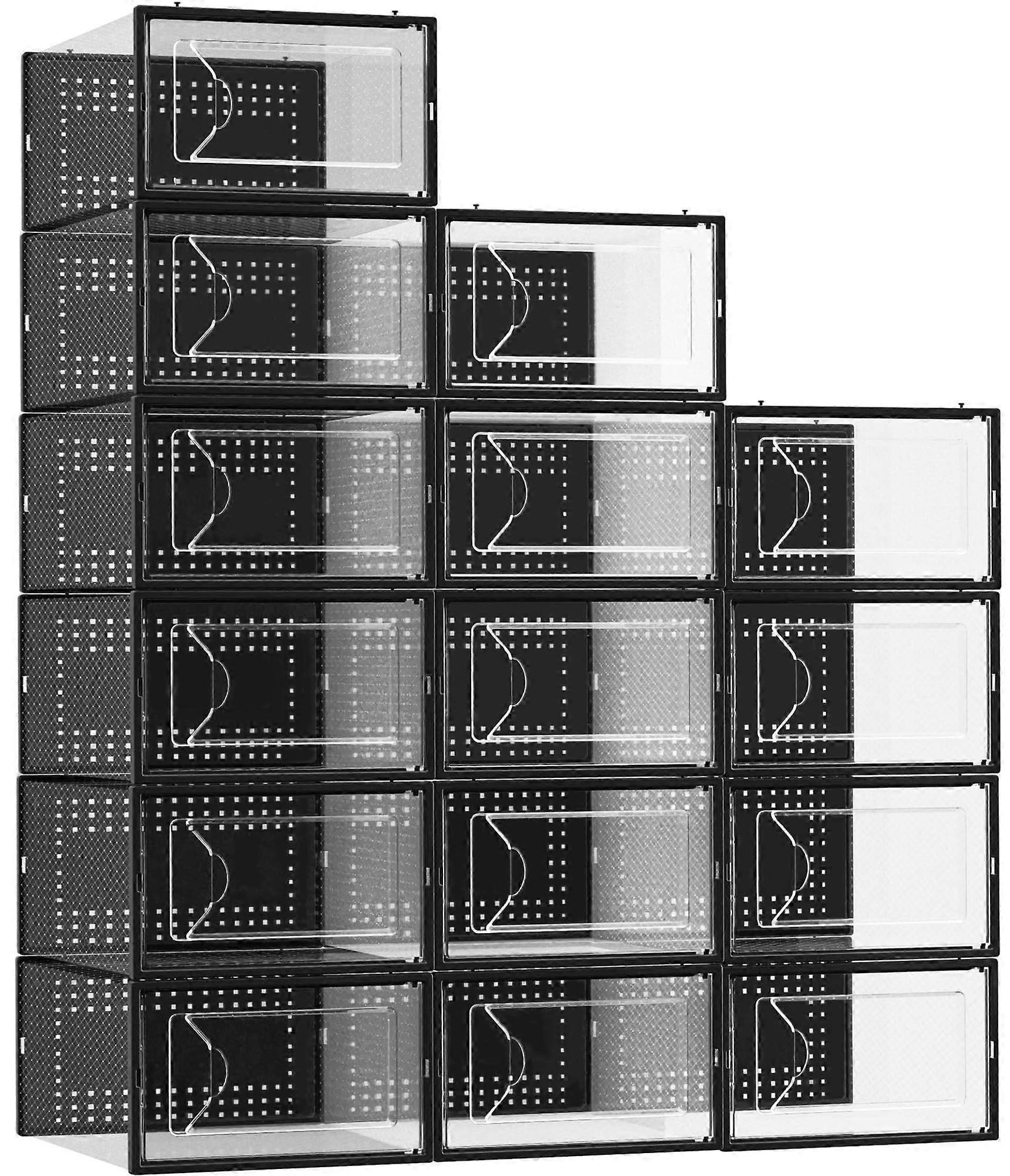 Shoe Storage Box 15 Pack Clear Stackable Organizer with Lids for Closet Sneakers Black