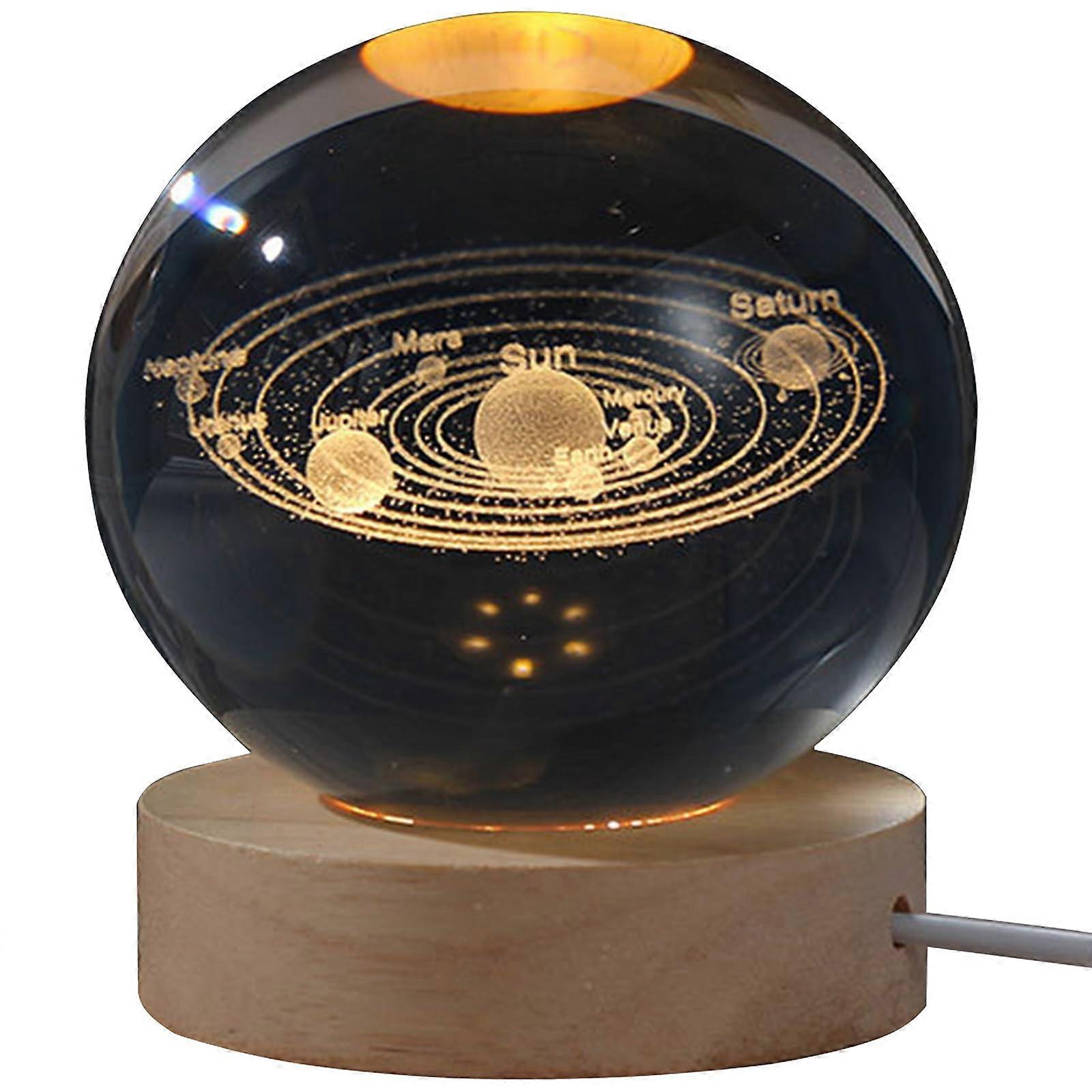 3D Solar System Crystal Ball Night Light with Vivid 3D Laser Engraving and Solid Wood Base
