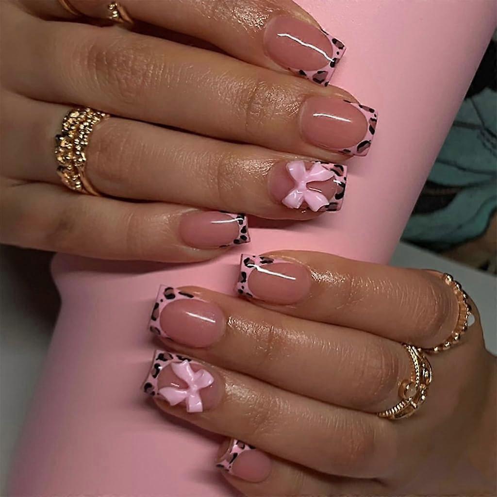 Leopard French Tip Press On Nails Short Square Full Cover False Nails with Cute Bow Design Ref: 8719