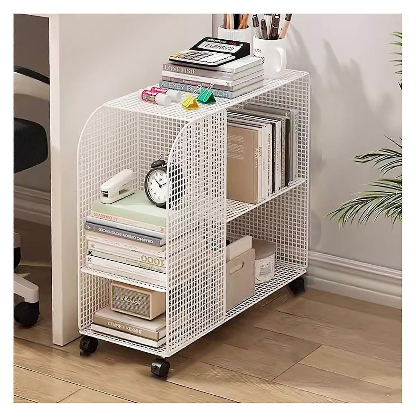 Mobile Bookshelf with Wheels Rolling Utility Cart, Adjustable Shelf Storage, White SpaceSaving Design