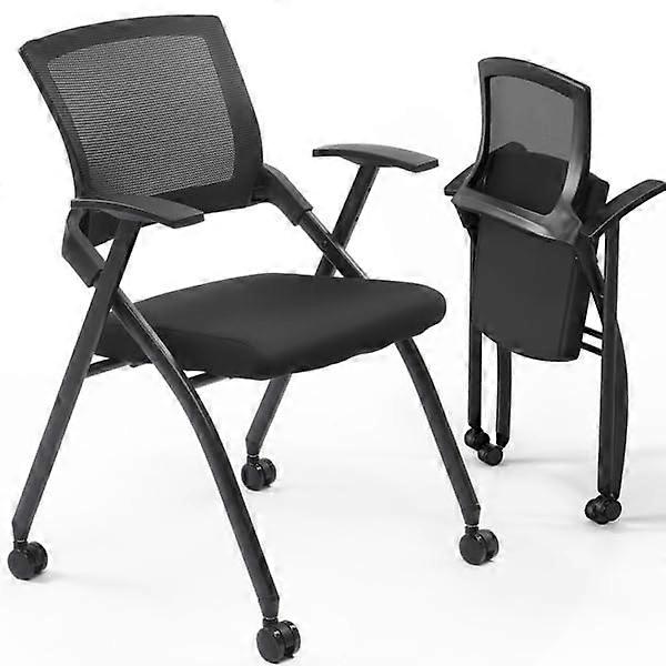 2 Pack Folding Chairs with Wheels, Mesh Back Stackable Conference Chairs with Foldable Paddle Seat