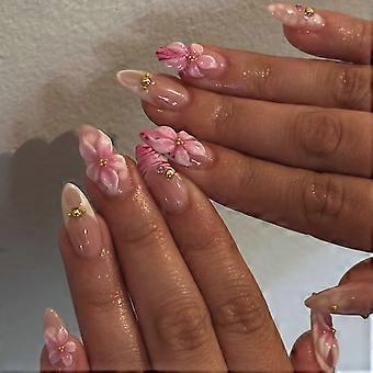 3D bloemvormige plaknagels, medium amandelvormige French tip nepnagels met glanzend gouden parelmoer design